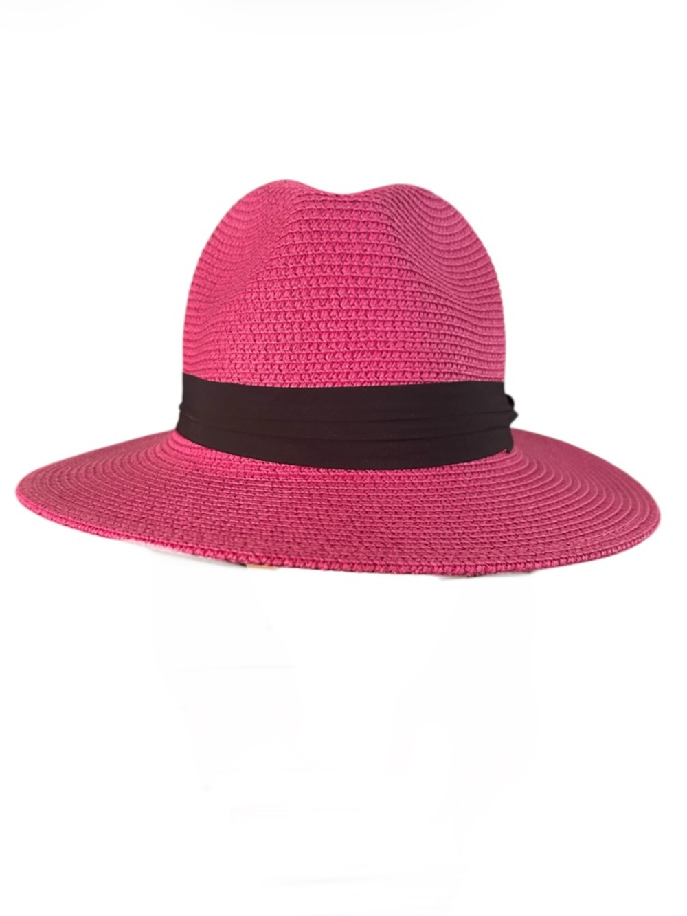 Vintage Hot Pink Wide Brim Straw Fedora with Black Band - Picture 7 of 7